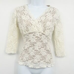Cabi Womens Y2K Fairycore Cream Floral Lace Romantic 3/4 Sleeve Babydoll Top M
